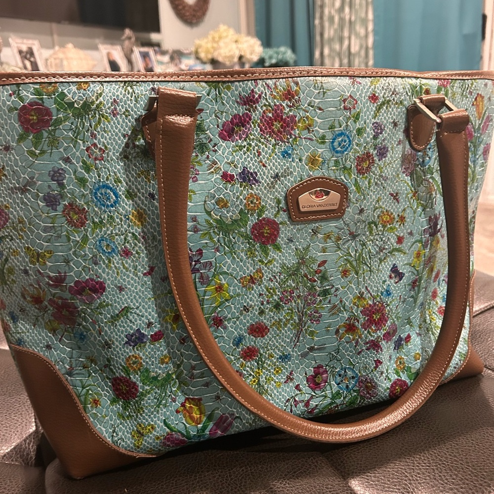 Gloria Vanderbilt Floral Blue and Brown Women’s Large Tote NWOT - Picture 4 of 6